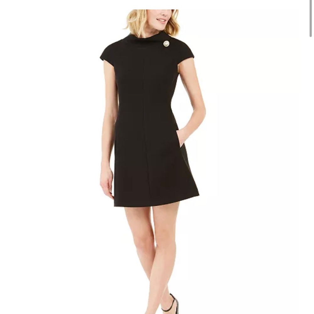 Harper Rose Elegant Black Cap Sleeve Dress with Pearl pendant